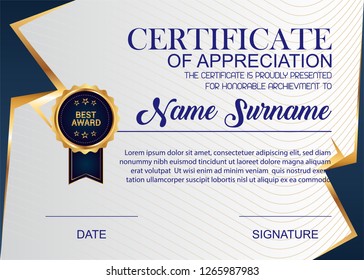 Creative Certificate Of Appreciation Award Template. Illustration Certificate Horizontal In A4 Size Pattern.