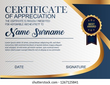 Creative Certificate Of Appreciation Award Template. Illustration Certificate Horizontal In A4 Size Pattern.