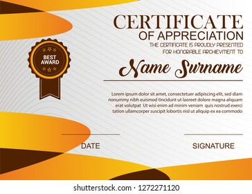 Creative Certificate Of Appreciation Award Template. Illustration Certificate Horizontal In A4 Size Pattern.