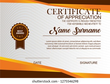 Creative Certificate Of Appreciation Award Template. Illustration Certificate Horizontal In A4 Size Pattern.