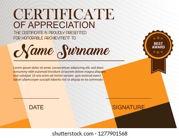 Creative Certificate Of Appreciation Award Template. Illustration Certificate Horizontal In A4 Size Pattern.
