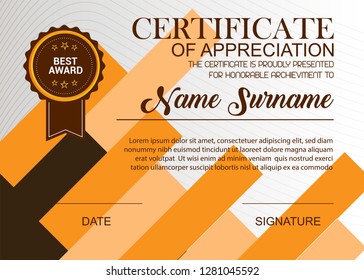 Creative Certificate Of Appreciation Award Template. Illustration Certificate Horizontal In A4 Size Pattern.