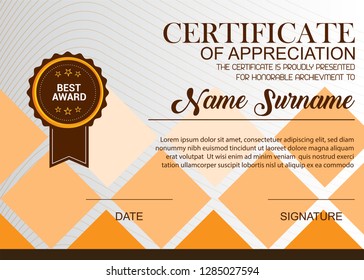 Creative Certificate Of Appreciation Award Template. Illustration Certificate Horizontal In A4 Size Pattern.