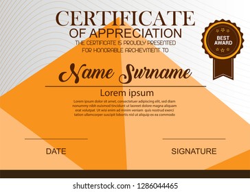 Creative Certificate Of Appreciation Award Template. Illustration Certificate Horizontal In A4 Size Pattern.