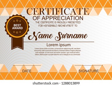 Creative Certificate Of Appreciation Award Template. Illustration Certificate Horizontal In A4 Size Pattern.