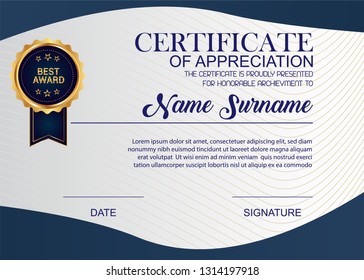 Creative Certificate Of Appreciation Award Template. Illustration Certificate Horizontal In A4 Size Pattern.