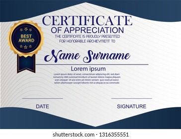 Creative Certificate Of Appreciation Award Template. Illustration Certificate Horizontal In A4 Size Pattern.