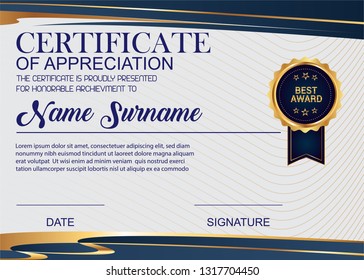 Creative Certificate Of Appreciation Award Template. Illustration Certificate Horizontal In A4 Size Pattern.