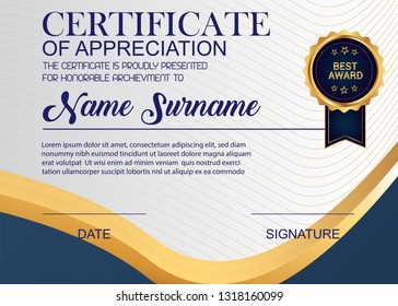 Creative Certificate Of Appreciation Award Template. Illustration Certificate Horizontal In A4 Size Pattern.