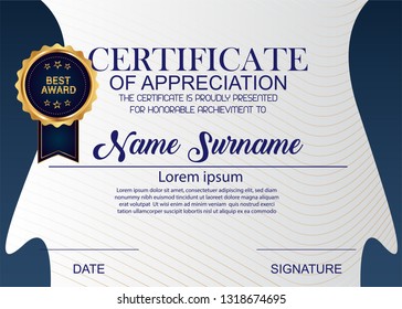 Creative Certificate Of Appreciation Award Template. Illustration Certificate Horizontal In A4 Size Pattern.