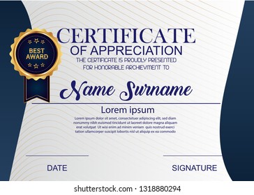 Creative Certificate Of Appreciation Award Template. Illustration Certificate Horizontal In A4 Size Pattern.