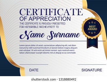 Creative Certificate Of Appreciation Award Template. Illustration Certificate Horizontal In A4 Size Pattern.