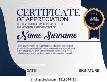 Creative Certificate Of Appreciation Award Template. Illustration Certificate Horizontal In A4 Size Pattern.