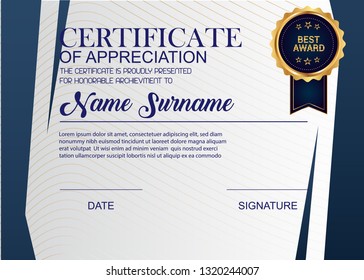 Creative Certificate Of Appreciation Award Template. Illustration Certificate Horizontal In A4 Size Pattern.