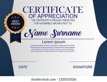 Creative Certificate Of Appreciation Award Template. Illustration Certificate Horizontal In A4 Size Pattern.