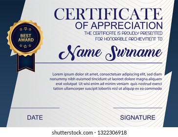 Creative Certificate Of Appreciation Award Template. Illustration Certificate Horizontal In A4 Size Pattern.