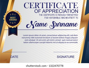 Creative Certificate Of Appreciation Award Template. Illustration Certificate Horizontal In A4 Size Pattern.