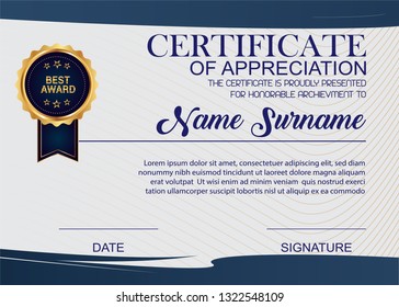 Creative Certificate Of Appreciation Award Template. Illustration Certificate Horizontal In A4 Size Pattern.