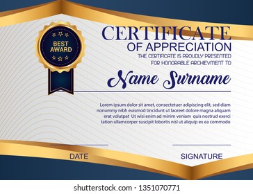 Creative Certificate Of Appreciation Award Template. Illustration Certificate Horizontal In A4 Size Pattern.