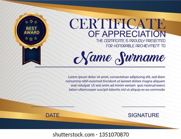 Creative Certificate Of Appreciation Award Template. Illustration Certificate Horizontal In A4 Size Pattern.