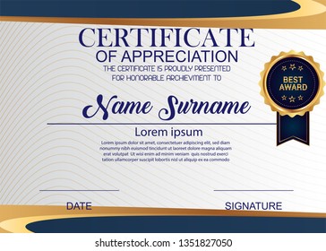 Creative Certificate Of Appreciation Award Template. Illustration Certificate Horizontal In A4 Size Pattern.