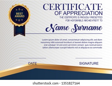 Creative Certificate Of Appreciation Award Template. Illustration Certificate Horizontal In A4 Size Pattern.