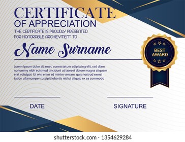 Creative Certificate Of Appreciation Award Template. Illustration Certificate Horizontal In A4 Size Pattern.