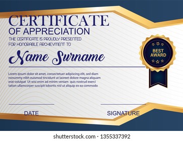 Creative Certificate Of Appreciation Award Template. Illustration Certificate Horizontal In A4 Size Pattern.