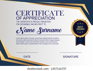 Creative Certificate Of Appreciation Award Template. Illustration Certificate Horizontal In A4 Size Pattern.