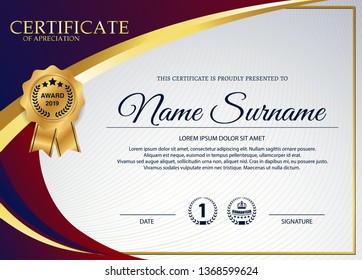 creative certificate of appreciation award template with blue and golden shapes and badge 