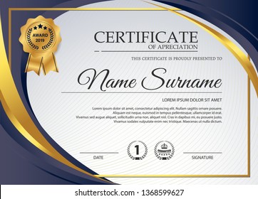 creative certificate of appreciation award template with blue and golden shapes and badge 
