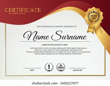 creative certificate of appreciation award template with red and golden shapes and badge