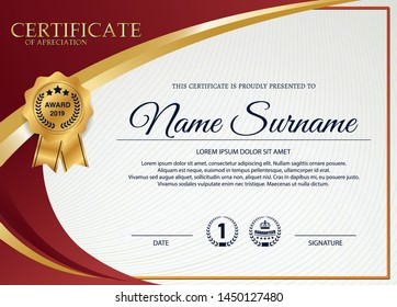 creative certificate of appreciation award template with red and golden shapes and badge