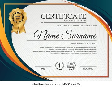creative certificate of appreciation award template with blue and orange shapes and badge 
