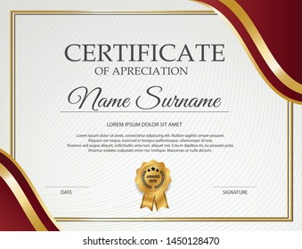 creative certificate of appreciation award template with red and gold shapes and badge 