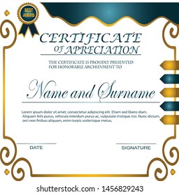 creative certificate of appreciation award template with blue and golden shapes and badge