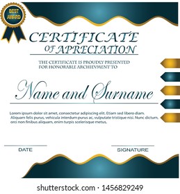 creative certificate of appreciation award template with blue and golden shapes and badge