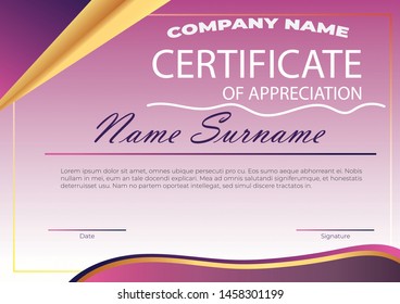 creative certificate of appreciation award template with Purple gradient with pink and golden shapes and badge