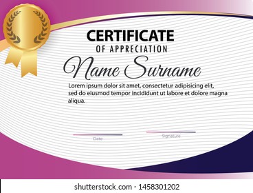 creative certificate of appreciation award template with Purple gradient with pink and golden shapes and badge