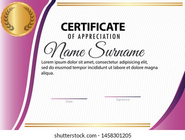 creative certificate of appreciation award template with Purple gradient with pink and golden shapes and badge
