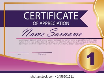 creative certificate of appreciation award template with Purple gradient with pink and golden shapes and badge