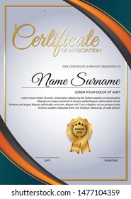 creative certificate of appreciation award template with blue and golden shapes and badge 