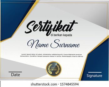 creative certificate of appreciation award template with blue and golden shapes and badge