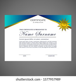 creative certificate of appreciation award template with blue and golden shapes and badge
