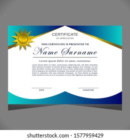 creative certificate of appreciation award template with blue and golden shapes and badge