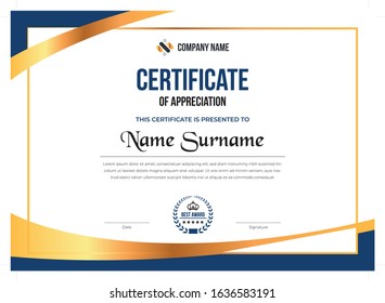 Creative certificate of appreciation award template with blue and golden shapes and badge