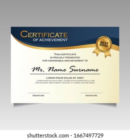 creative certificate of appreciation award template with dark blue and golden shapes and badge