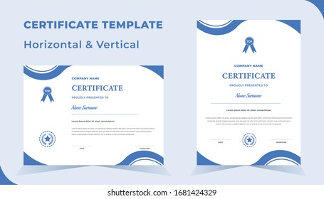 Creative certificate of appreciation award template with blue  shapes and badge diploma vector template