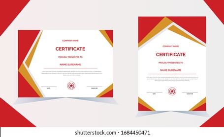 Plantilla de reconocimiento creativa con formas de color rojo y naranja y plantilla vectorial de diploma de placa