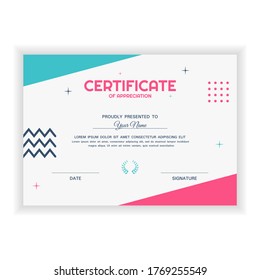 Creative Certificate of Appreciation Award Template with pink and blue color, flat design style